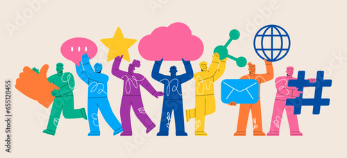 Group of people holding icons Social media. Social media team, community management or online advertising. Colorful vector illustration