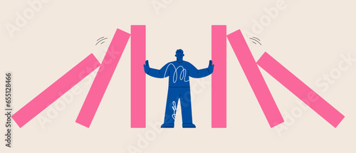 Man stopping falling domino. Symbol of crisis, risk, management, leadership concept. Colorful vector illustration