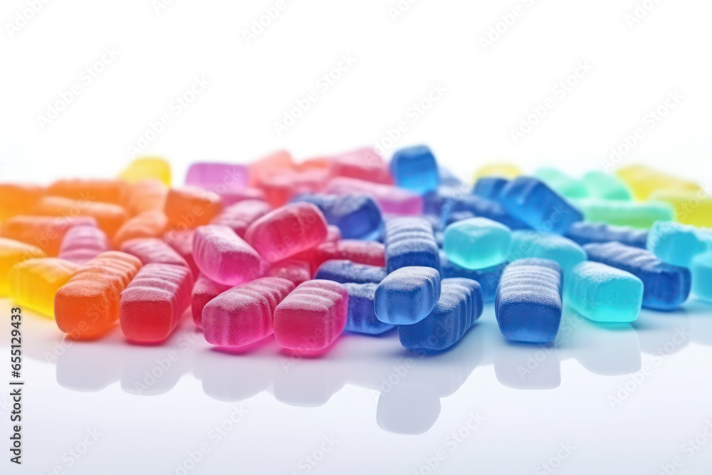 Vibrant Delights: Colorful Gummies Arranged on a Clean White Table Vibrant Delights: Colorful Gummies Arranged on a Clean White Table