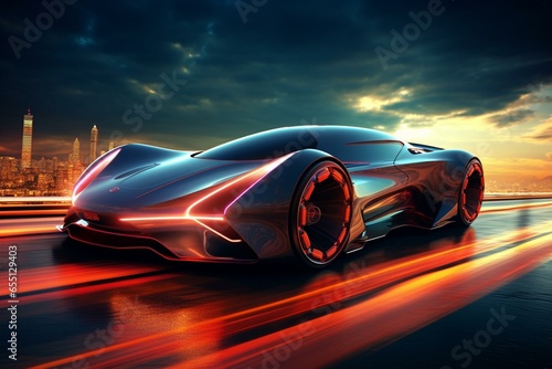 Night races with futuristic car. Generative AI © Amoret