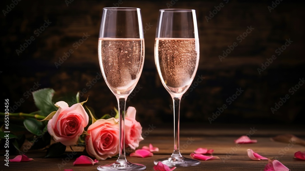 Two glasses of pink rose champagne sparkling wine. Two glasses of pink rose champagne sparkling wine.