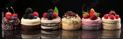Sweet pastries with berries. Various assortment in the confectionery. Mousse cake with sponge cake and cream. Elegant decoration by the pastry chef. Place for copy space, banner