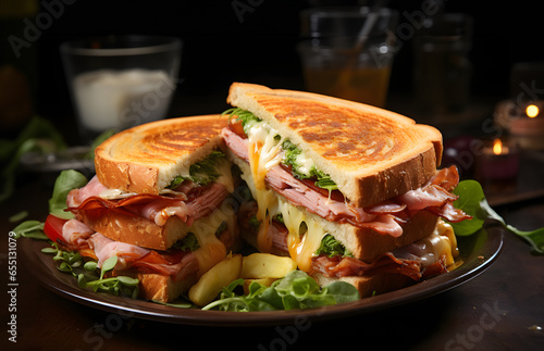 Freshly made club sandwich with ham and cheese , melted cheese.