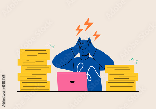 Sad, tired, exhausted man overloaded with tasks and problems, mental health. Colorful vector illustration