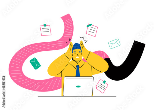 Sad, tired, exhausted business man overloaded with tasks and problems, mental health. Flat vector illustration isolated on white background