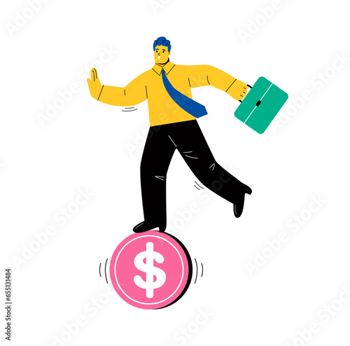 Business man  standing balancing not to fail from walking on golden coin. Business financial risk concept. Flat vector illustration isolated on white background
