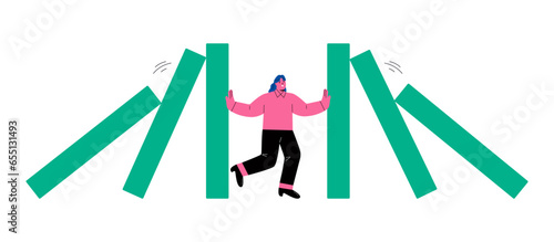Business woman stopping falling domino. Symbol of crisis, risk, management, leadership concept. Flat vector illustration isolated on white background