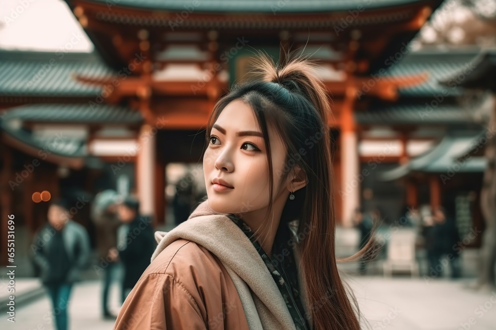 Female asian tourist in Japan. AI Generated.