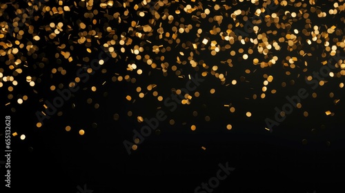 Raining gold confetti isolated on black, party background concept with copy space for award ceremony, New Year's Eve and jubilee.
