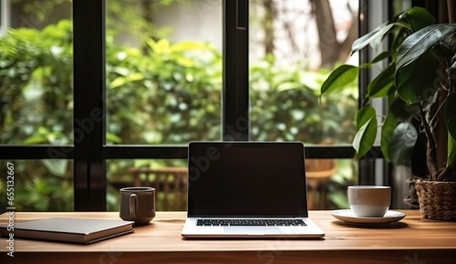 Streamlined workspace. Modern office aesthetics. Digital domain. Sleek laptop desk design. Creative corner. Productive work environment. Morning light work photo