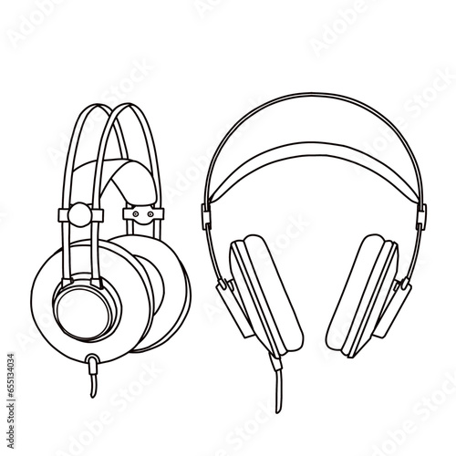 Vector illustration of Outline silhouette of headphones line art, Musical earphone vector outline line art, front and side view, isolated on white background