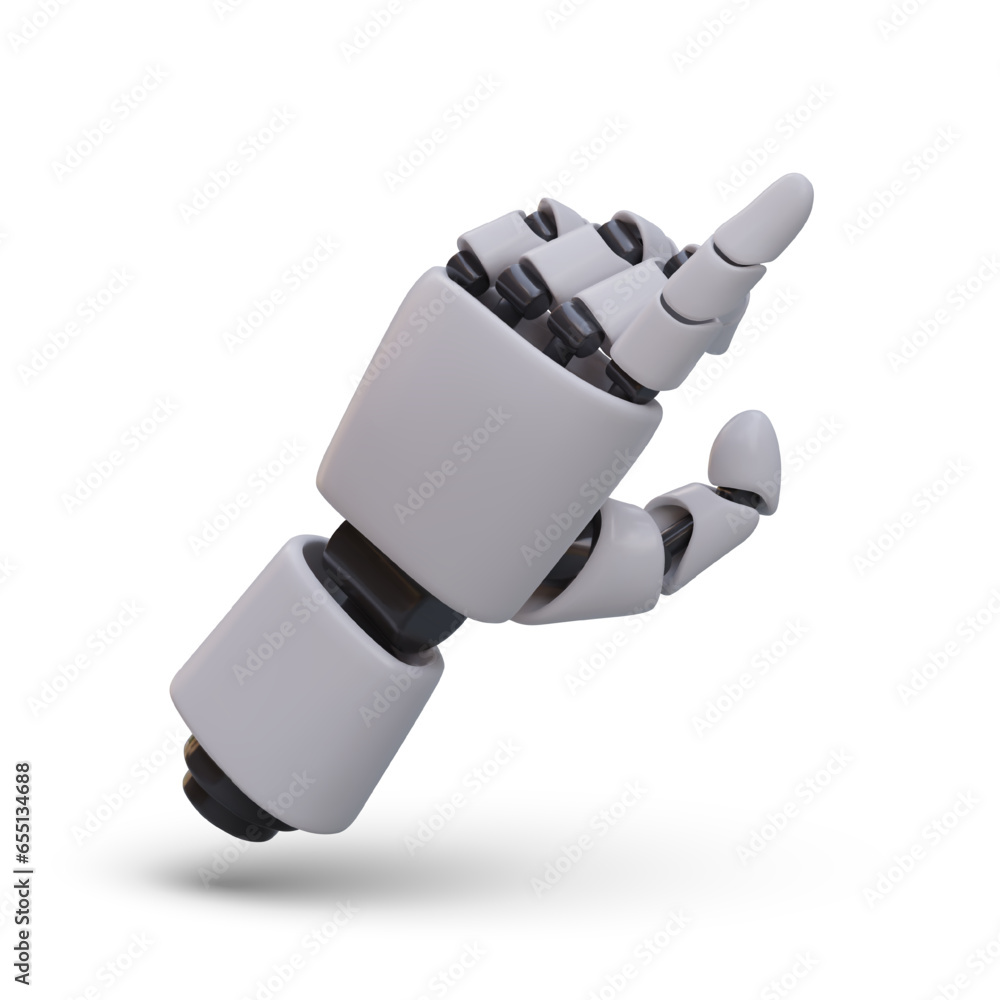 Realistic mechanical hand pointing up with index finger, pressing. Artificial technology. Robotic limb. Template for advertising web design. Modern illustration with shadow Realistic mechanical hand pointing up with index finger, pressing. Artificial technology. Robotic limb. Template for advertising web design. Modern illustration with shadow