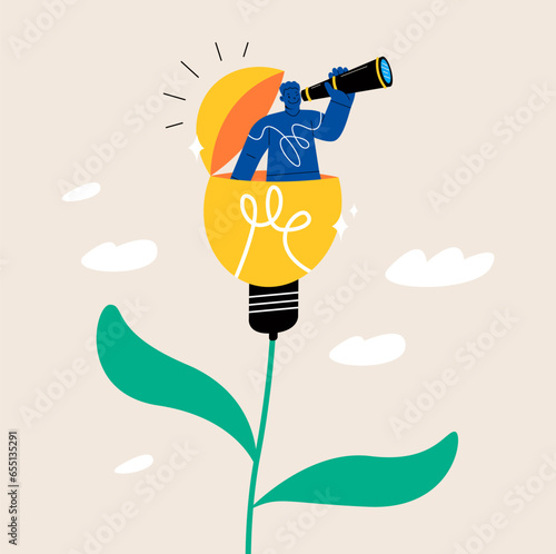 Man open lightbulb idea using binoculars to see business vision. searching for success concept. Colorful vector illustration