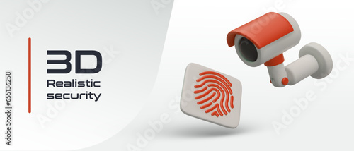 Concept of security system. Digital protection. Personalized access. Monitoring, verification, data recording. Realistic surveillance camera, fingerprint