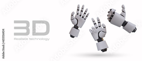 Innovative technologies. Poster with robotic hands. Advertisement of bionic prostheses. Commercial template for manufacturer of manipulators. Imitation of human arm