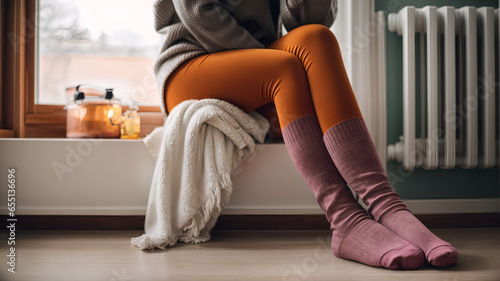 Warming hands and feet with socks that warm up at the radiator during the winter while it snows. Cold and freezing temperatures. Heating cost increase.