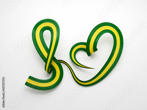 3d Flag Of Brazil Heart Shaped Shiny Wavy Awareness Ribbon flag On White Background 3d Illustration