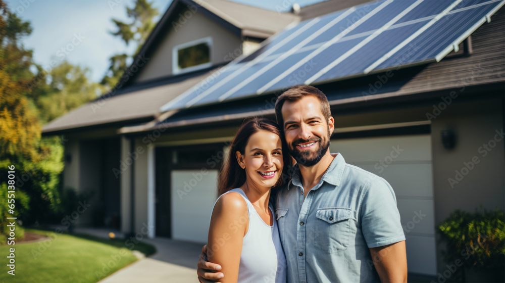 A happy couple stands smiling in the driveway of a large house with solar panels installed. Real estate new home concept.