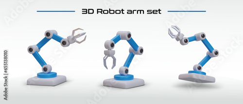 Set of robotic hands in different positions. Mechanical blue manipulators. Automated device to replace human in production. Programmable equipment, operator control