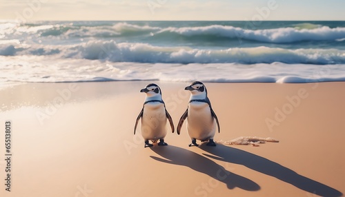 African penguins (spheniscus demersus) walking on the beach at Cape Town, South Africa photo