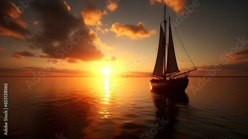 Sailing boat clam ocean scene in sunset