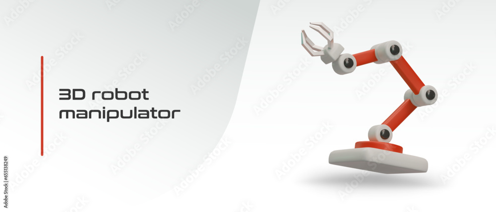 Red realistic mechanical hand. Robotic industrial manipulator. Time of new technologies. Advertising of store of automatic equipment for factory. Color vector Red realistic mechanical hand. Robotic industrial manipulator. Time of new technologies. Advertising of store of automatic equipment for factory. Color vector