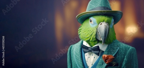 Mr green parrot gentleman in boss hat and scientist. AI generated photo