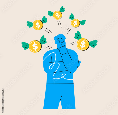 Man has problem with budget. Finance concept. Colorful vector illustration