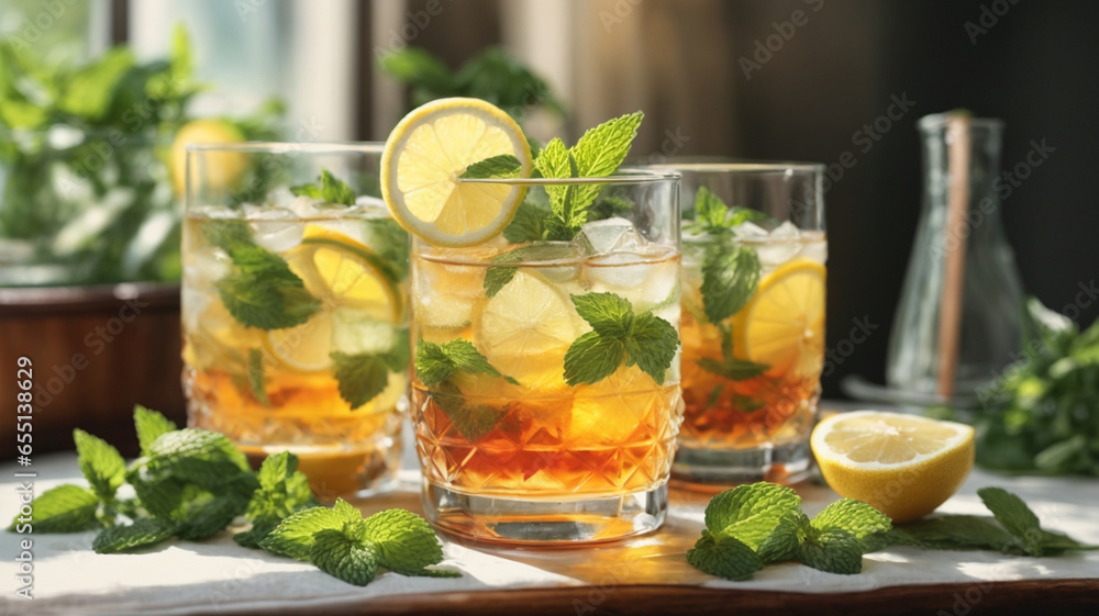 Lemon tea, lemon decoration, summer drink Lemon tea, lemon decoration, summer drink