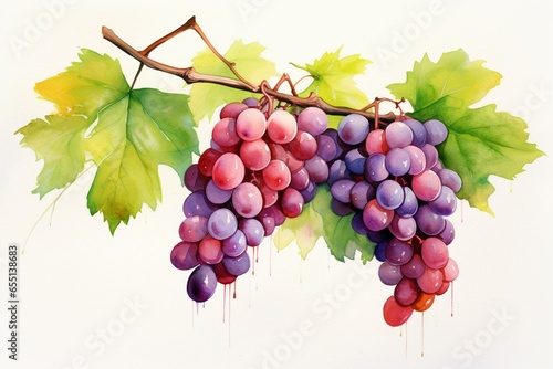 Watercolor illustration of red grapes, featuring a branch with multicolored grapes; perfect for design and creativity. Generative AI