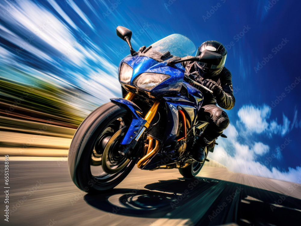Motorcycle rider on blue sportbike in summer