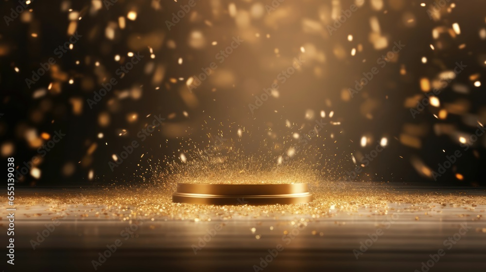 Golden confetti rain on festive stage with light beam in the middle, empty room at night mockup with copy space for award ceremony, jubilee, New Year's party or product presentations - obrazy, fototapety, plakaty 