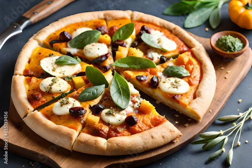 Butternut Squash Pizza Isolated on a Wooden Cutting Board. Generative AI