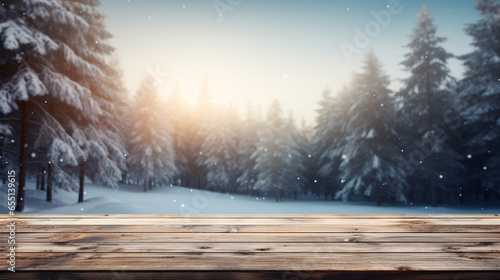 Pine wooden surface with pine tree sunshine and snow background for display product chrismas theme © Rames studio