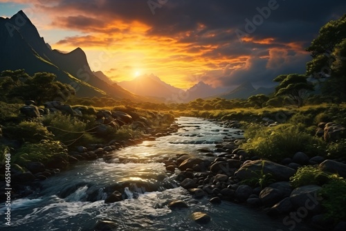 sunset rainforest river landscape