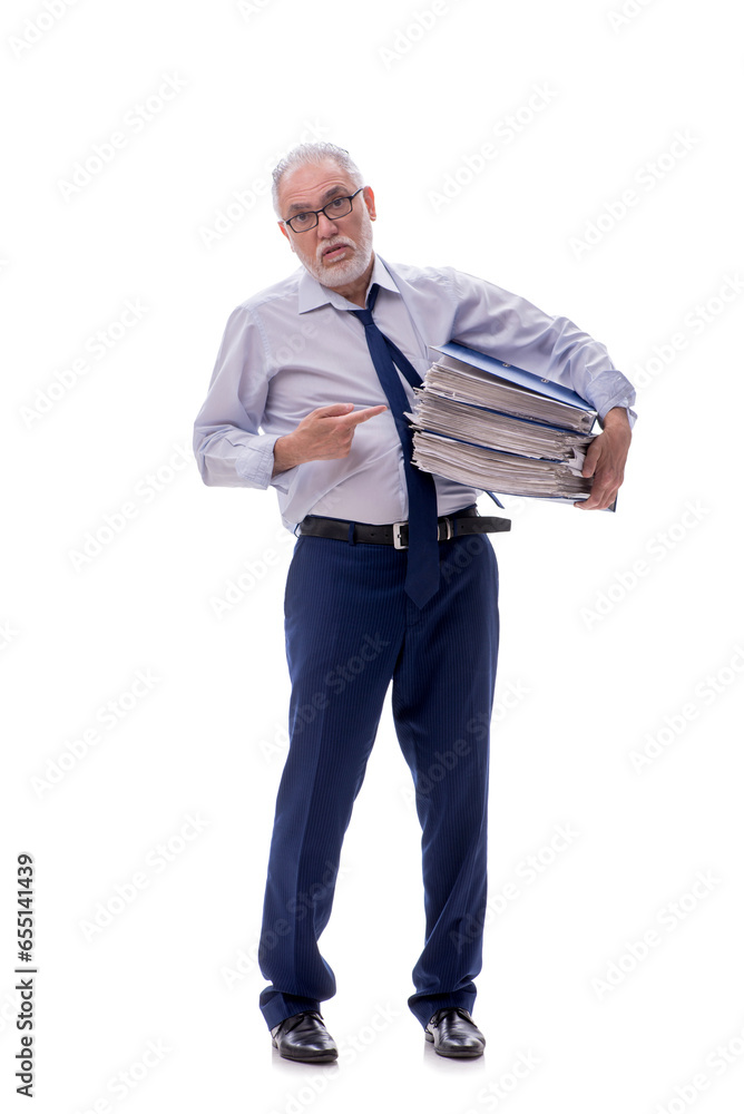 Old businessman holding papers isolated on white Old businessman holding papers isolated on white