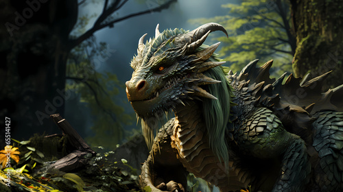 Green dragon close-up against a nature background. © ArturSniezhyn