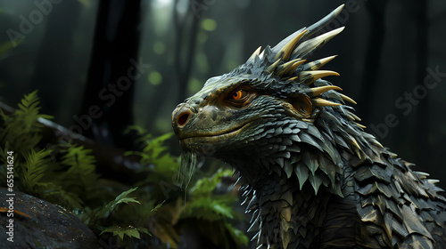 Green dragon close-up against a nature background. © ArturSniezhyn