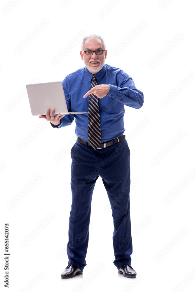Old businessman holding laptop isolated on white Old businessman holding laptop isolated on white