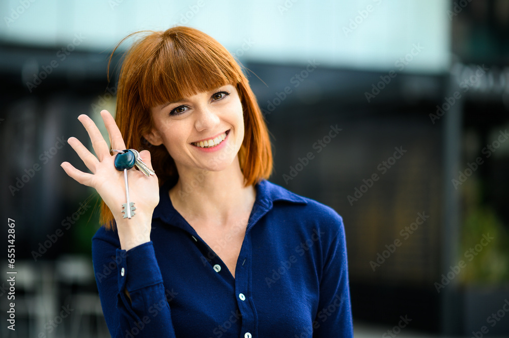 Smiling young woman holding keys of new house Smiling young woman holding keys of new house