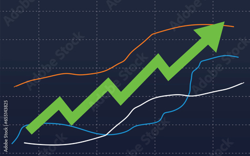 the green arrow graph rising upwards represents the rising economic stock exchange trading prices