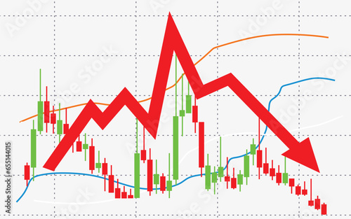 the red arrow graph going down shows the economic stock exchange trading price dropping sharply	