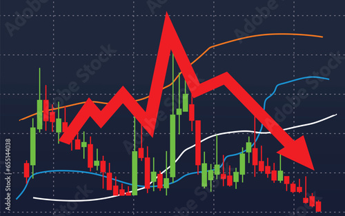 the red arrow graph going down shows the economic stock exchange trading price dropping sharply	
