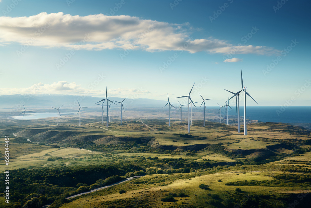 aerial photo offering a bird's-eye view of a vast wind farm, showcasing the scale and impact of wind energy production on the landscape