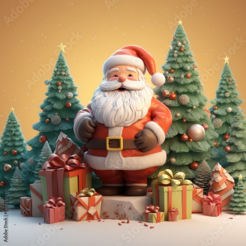 3d Christmas banner of santa claus with christmas tree and gift 3d illustration,ai generated © Tonton54