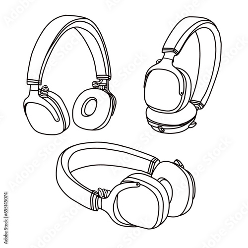 Vector illustration of Outline silhouette of headphones bluetooth line art, Musical earphone vector outline line art, isometric view, isolated on white background