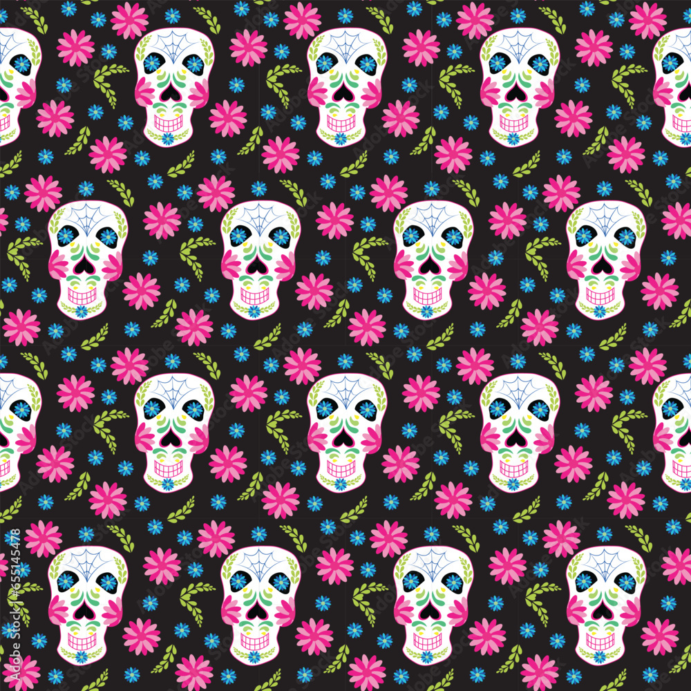 Skulls of the dead day. Mexican sugar man head halloween tattoo to honor death. Seamless pattern.