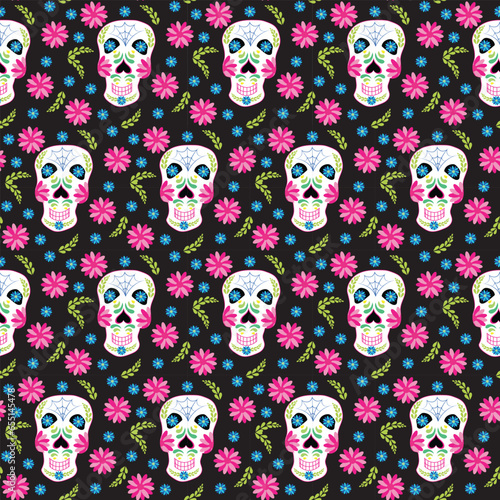 Skulls of the dead day. Mexican sugar man head halloween tattoo to honor death. Seamless pattern.