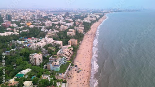 Mumbai, India: Aerial view of Juhu Beach, famous city beach in capital of Maharashtra at sunset - landscape panorama of South Asia from above photo