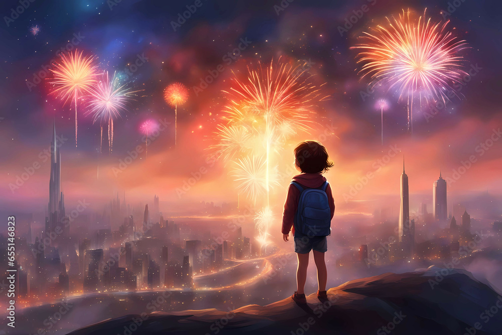 Fototapeta premium Anime art of a child looking at the fireworks over the skyline of a metropolitan city.